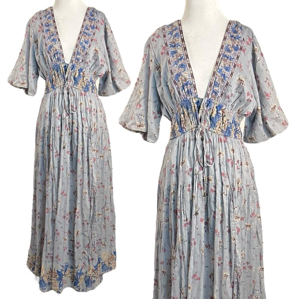 Free People Lysette Maxi Dress in Bluebell Bohemian Gypsy Indian Cotton XS - Picture 6 of 12